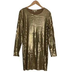 Michael Michael Kors Long Sleeve Gold Sequin Sheath Dress Size Large